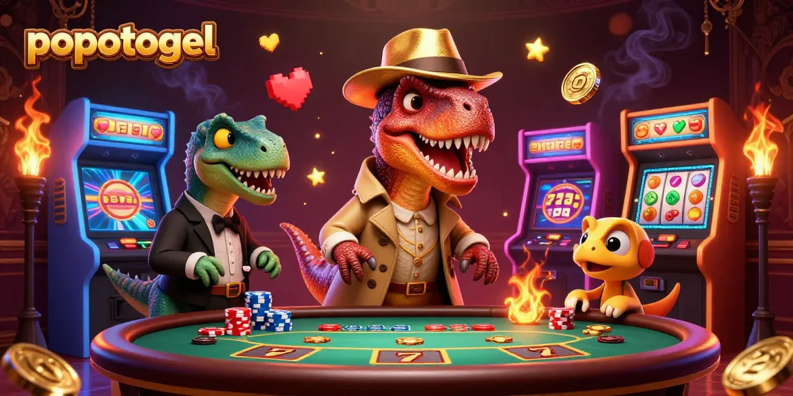 Experience thrilling gaming action with popotogel’s vibrant illustration of velociraptor card counters and slot features.