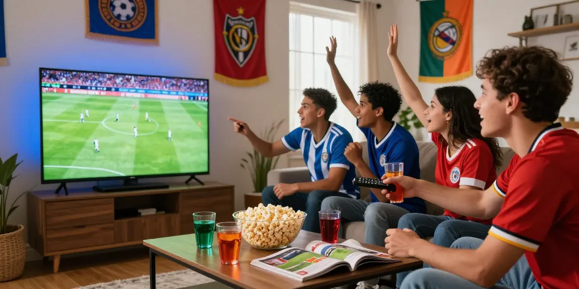 Friends enjoying a بث مباشر football match at home with snacks and drinks