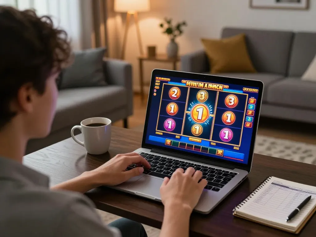 situs slot gaming on laptop in a cozy living room promoting responsible gambling.