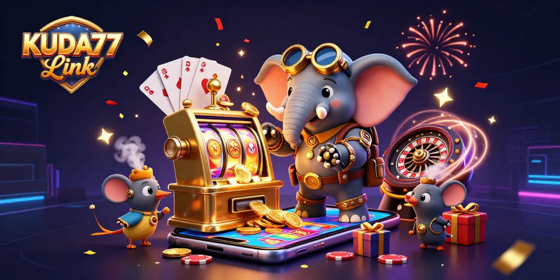 Permainan seru di KUDA77 Link, menampilkan mesin slot menggiurkan dan suasana kasino yang meriah.