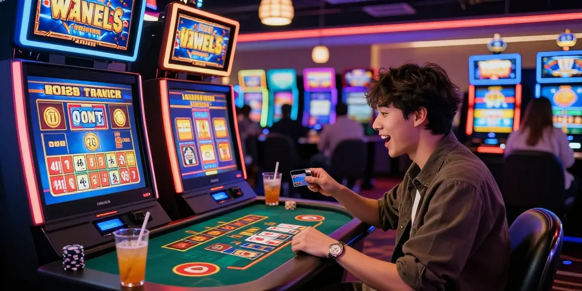 Player enjoying games at a credit card casino, registering on https://dea.org.uk with thrilling slot machines and vibrant atmosphere.