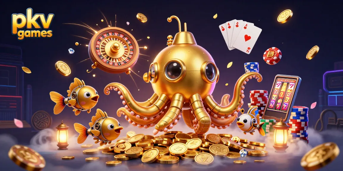 Engage in thrilling pkv games with a 3D golden kraken submarine amidst gold coins and card games.