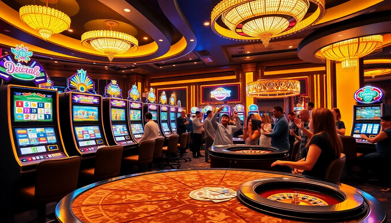 Players enjoy the excitement of slot gacor machines, celebrating wins in a vibrant casino atmosphere.