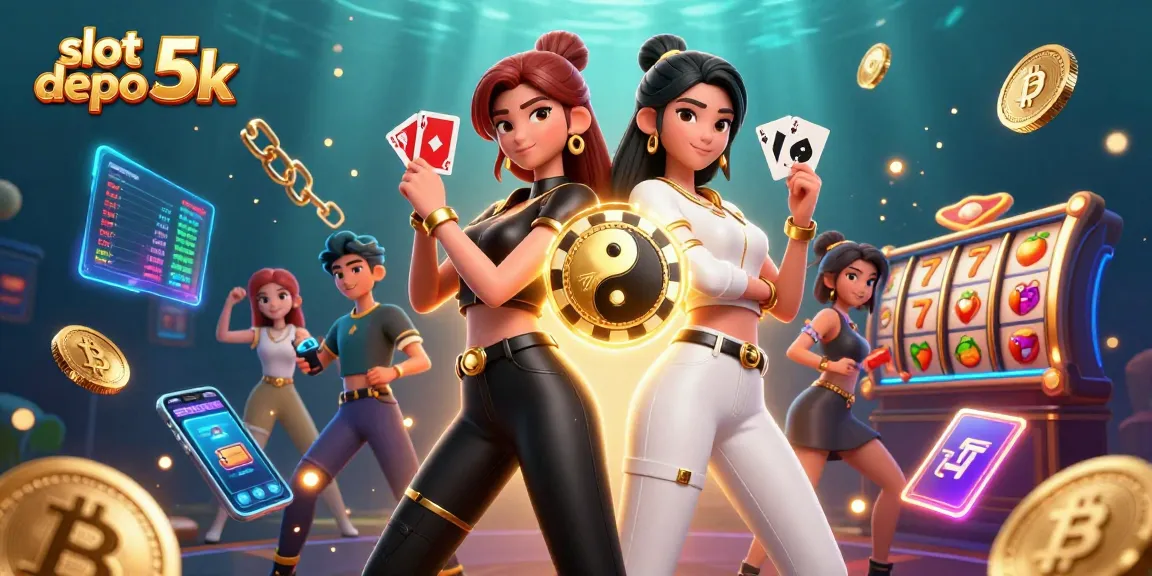 Play and win big with slot depo 5k featuring dynamic Asian women holding cards amidst slot reels.