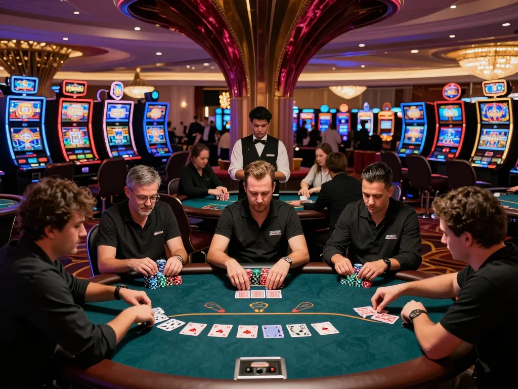 Intense poker action at hitclub casino with players strategizing their bets amidst vibrant surroundings.