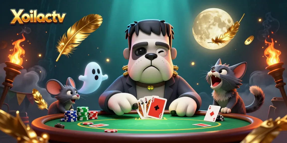 Xoilactv reveals a lively poker scene with a cartoon bulldog dealer, an enchanting ghost mouse, and a werewolf kitten