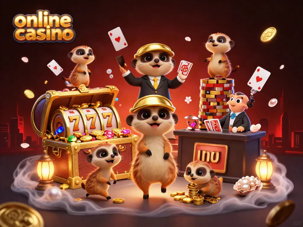 Engaging scene of online casino operations showcasing meerkats in action amidst colorful games and treasures.