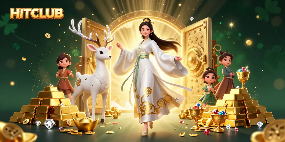 HITCLUB showcases an enchanting online casino scene filled with vibrant treasures and captivating characters.