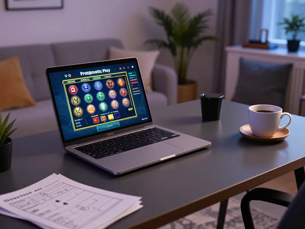 Engaging with a Demo Slot Pragmatic on a stylish laptop in a cozy home setting, showcasing thoughtful gaming strategy.