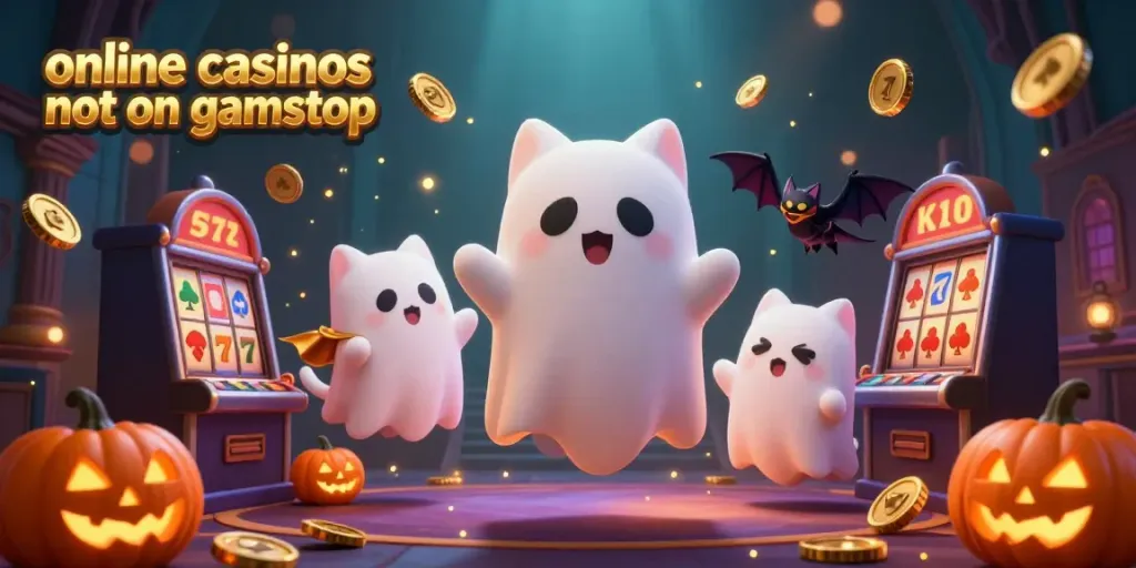 Engage with online casinos not on gamstop in an imaginative haunted casino scene filled with animated characters, slot reels, and more.