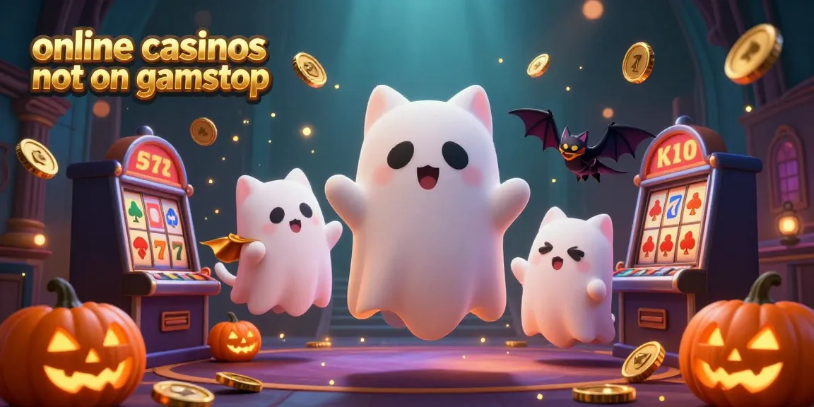 Engage with online casinos not on gamstop in an imaginative haunted casino scene filled with animated characters, slot reels, and more.