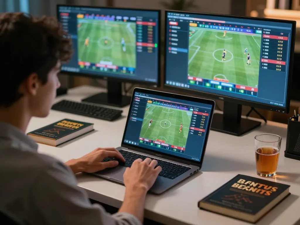 Engaging player using Fun88 for live sports betting on sleek laptop with multiple screens