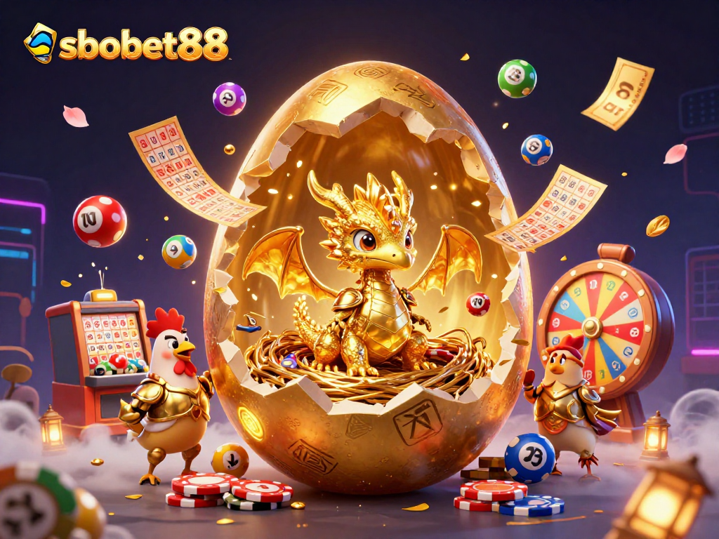 Experience sbobet88 excitement with a captivating golden dragon on poker chips amidst vibrant casino elements.