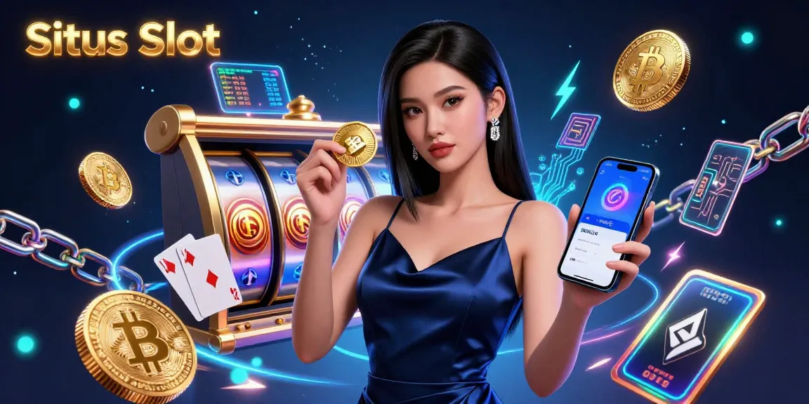 Situs Slot showcases thrilling gameplay with a stunning Asian woman holding a smartphone and golden chip in a vibrant casino scene.