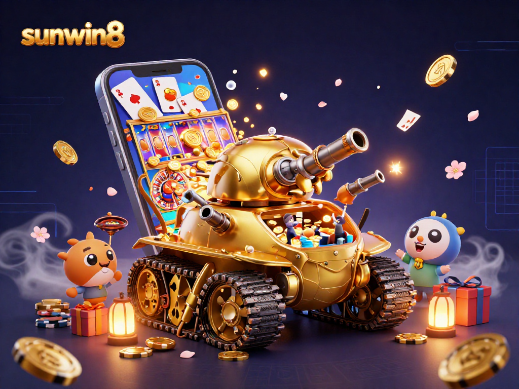 Experience the excitement of sunwin8 with a dynamic casino illustration filled with games and rewards.