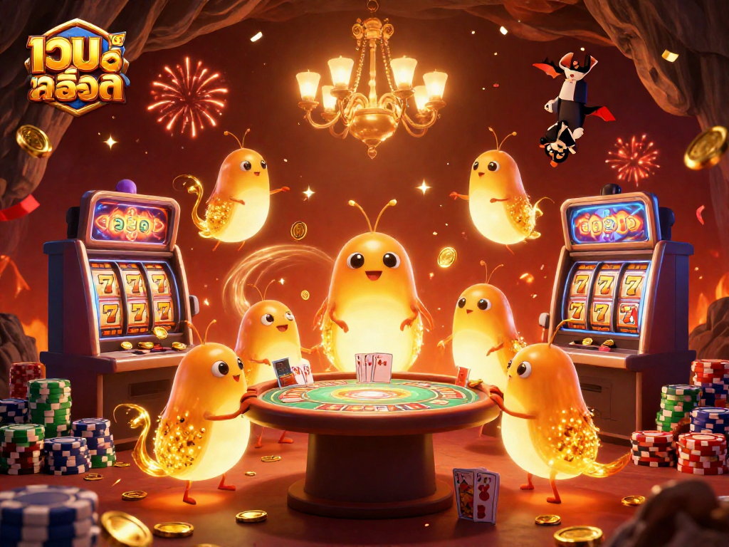 Spin the reels with เว็บสล็อต while glowworms light up a vibrant casino scene filled with excitement.
