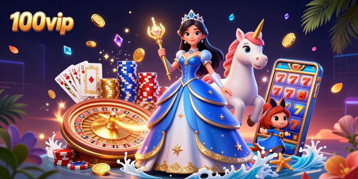 Experience dazzling gameplay with 100vip, featuring a royal character and a unicorn in a vibrant casino setting.