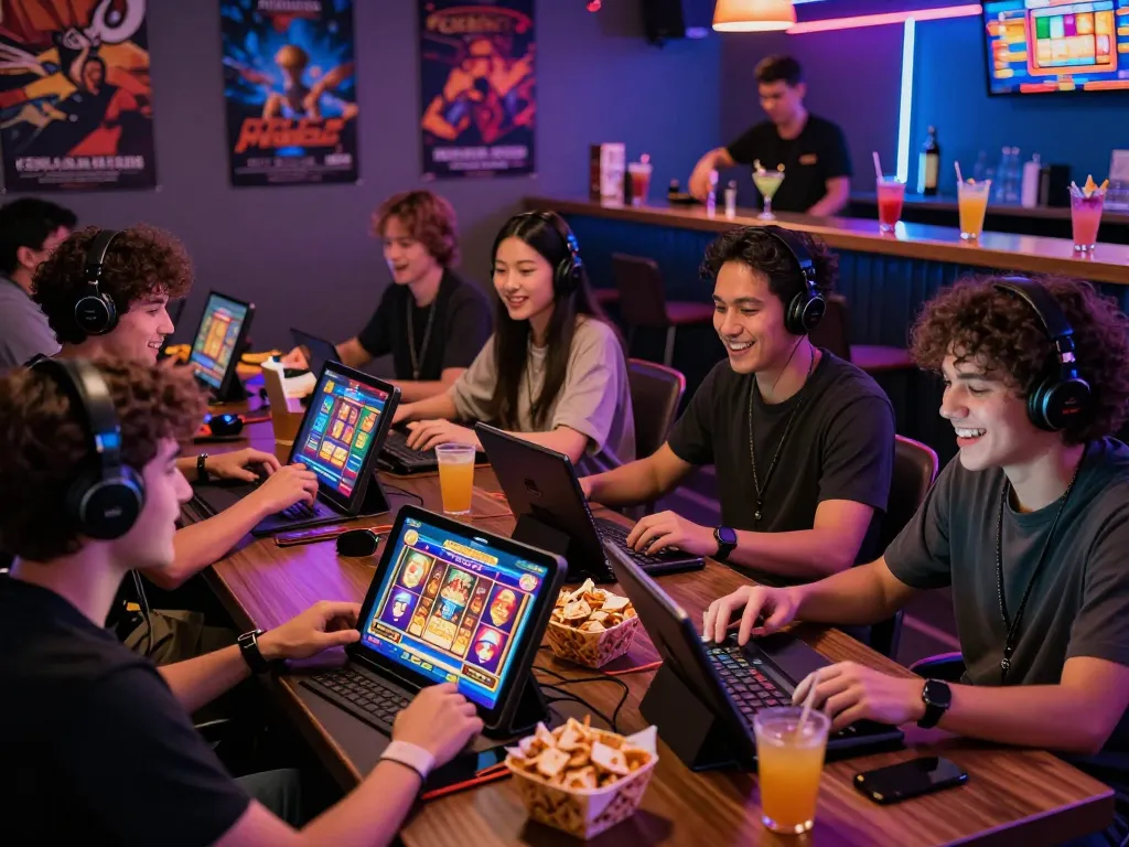 Exciting gaming scene with players enjoying kerajaanslot games in a vibrant online studio.
