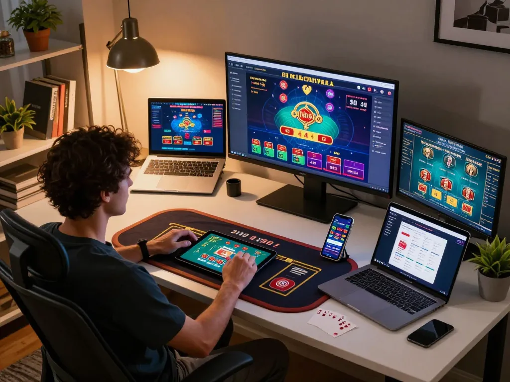Player engaging with LC88 casino app on tablet in a stylish home office while researching winning strategies.