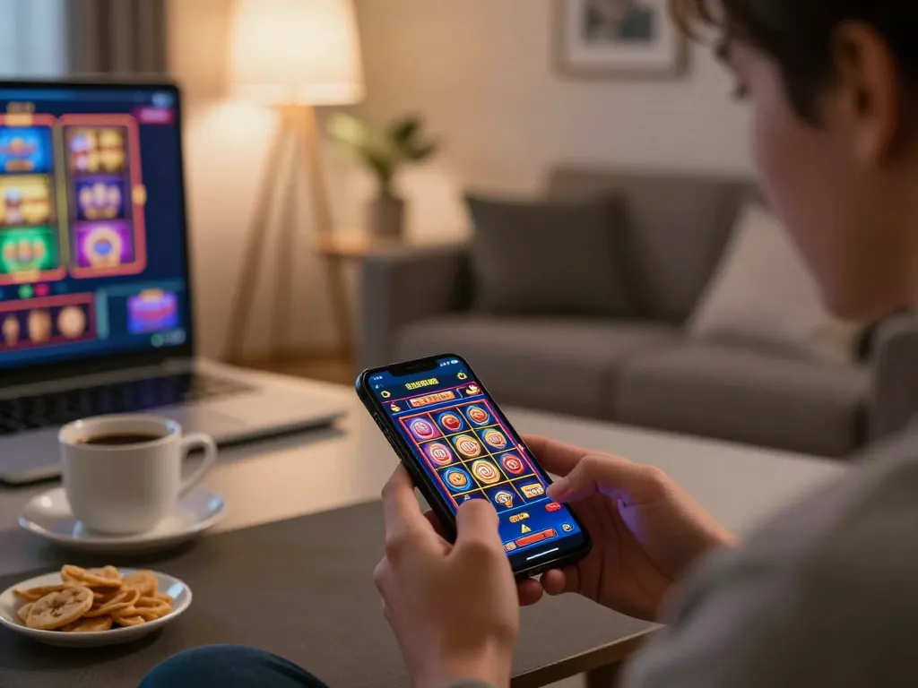 Playing SC88 on a smartphone in a cozy living room, showcasing dynamic mobile gaming experience