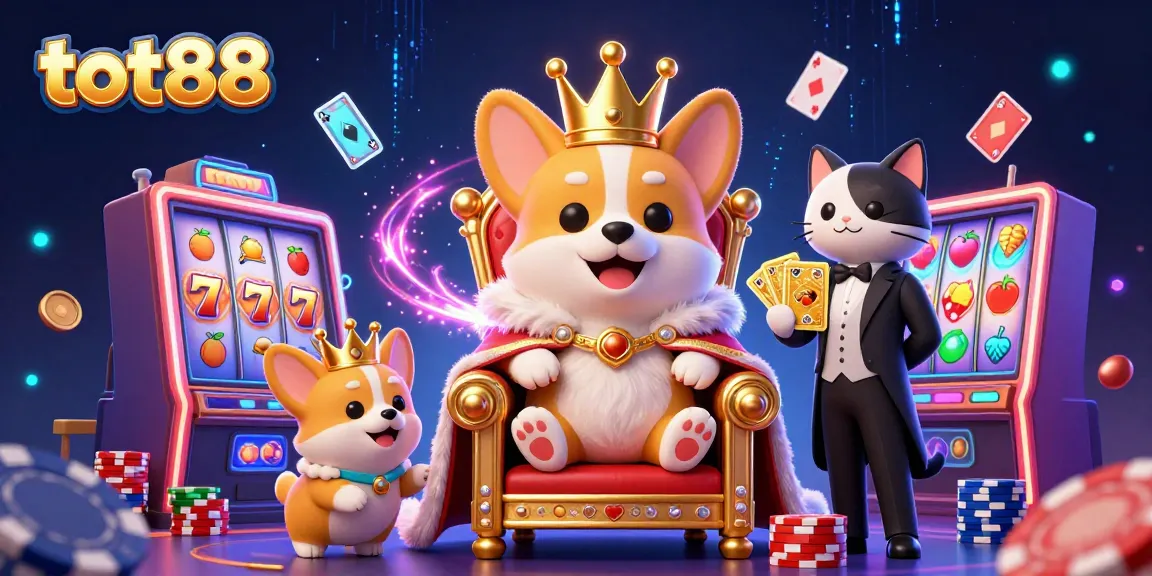 Engage with exciting slot action at tot88, highlighted by a royal corgi and vibrant casino elements.