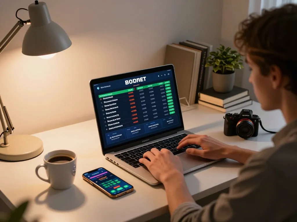 Engaging online sports betting workspace with a laptop showing hytw3339 odds and apps.