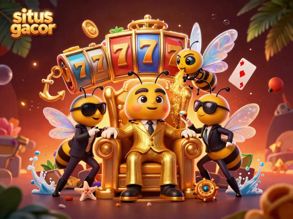 Experience situs gacor with a vibrant 3D illustration showcasing a playful gambling scene filled with characters and casino elements.
