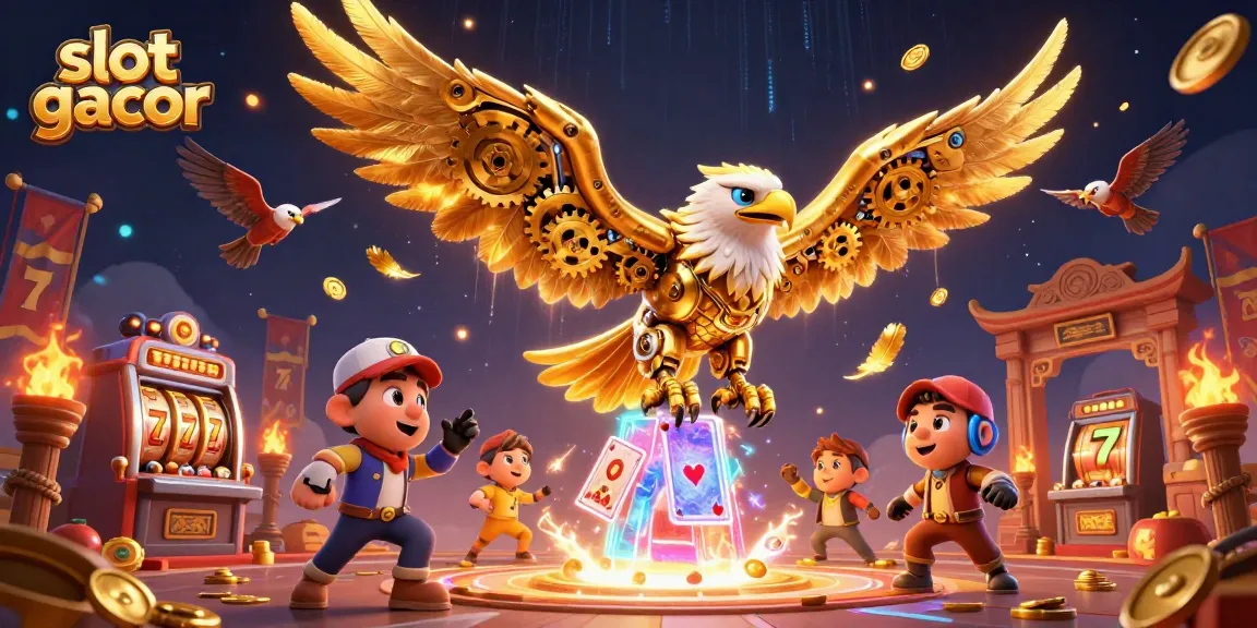 Experience the thrill of slot gacor with an exciting 3D illustration of a cybernetic eagle diving through holographic playing cards.