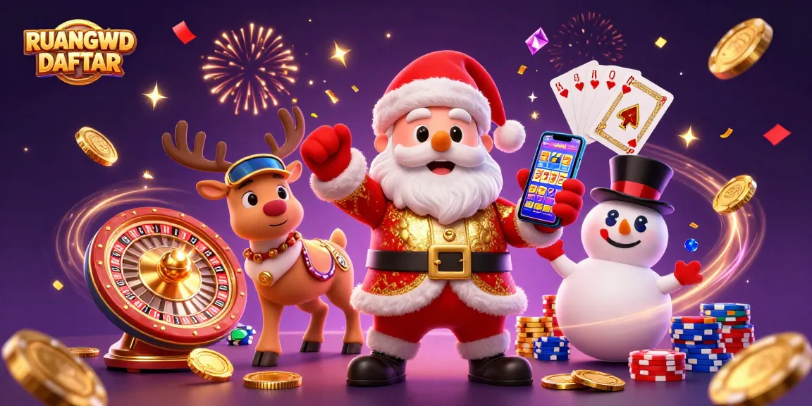 Spin the roulette and unlock new treasures with RUANGWD DAFTAR, featuring a festive casino scene.