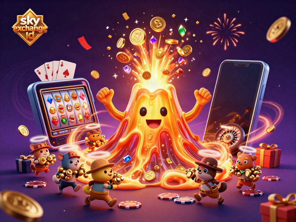 Experience the thrill of winning with Sky Exchange ID, amidst a vibrant display of coins and casino elements.