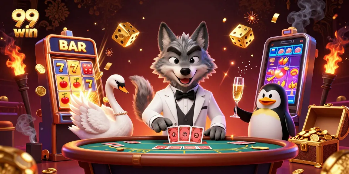 Experience the excitement of 99 win with this vibrant casino illustration showcasing colorful characters and dynamic gameplay elements.