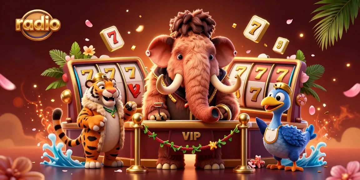 Experience the excitement of radio-themed gambling with vibrant slot reels and casino characters welcoming players.