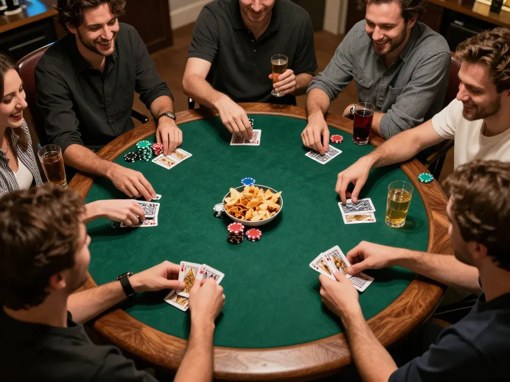 Enjoying poker night with friends at home through god55, showcasing social gambling fun.