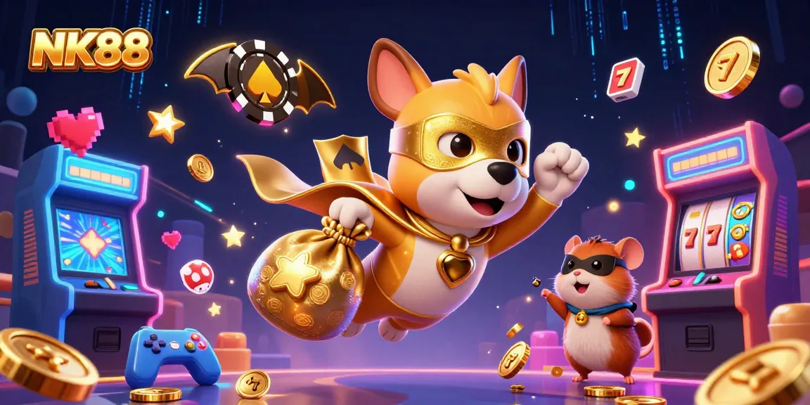 NK88 players win big with a cartoon superhero dog in a casino-themed adventure, showcasing excitement.