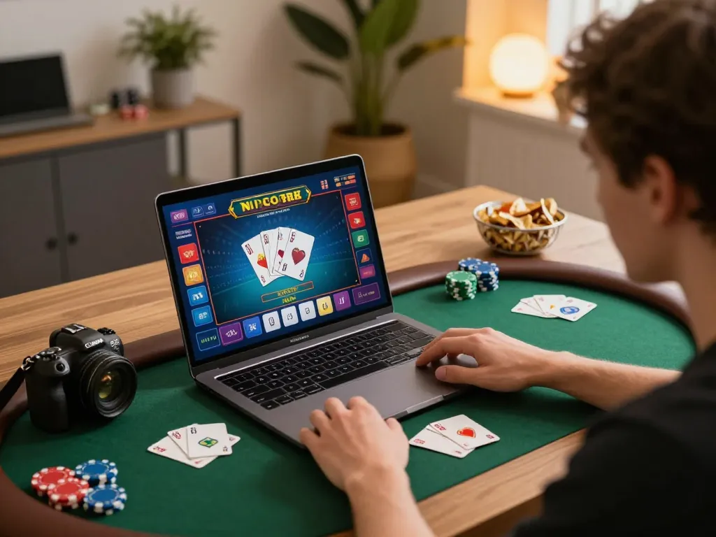 Engaged player enjoying iwin sòng bạc thượng lưu on a laptop, showing poker game interface.