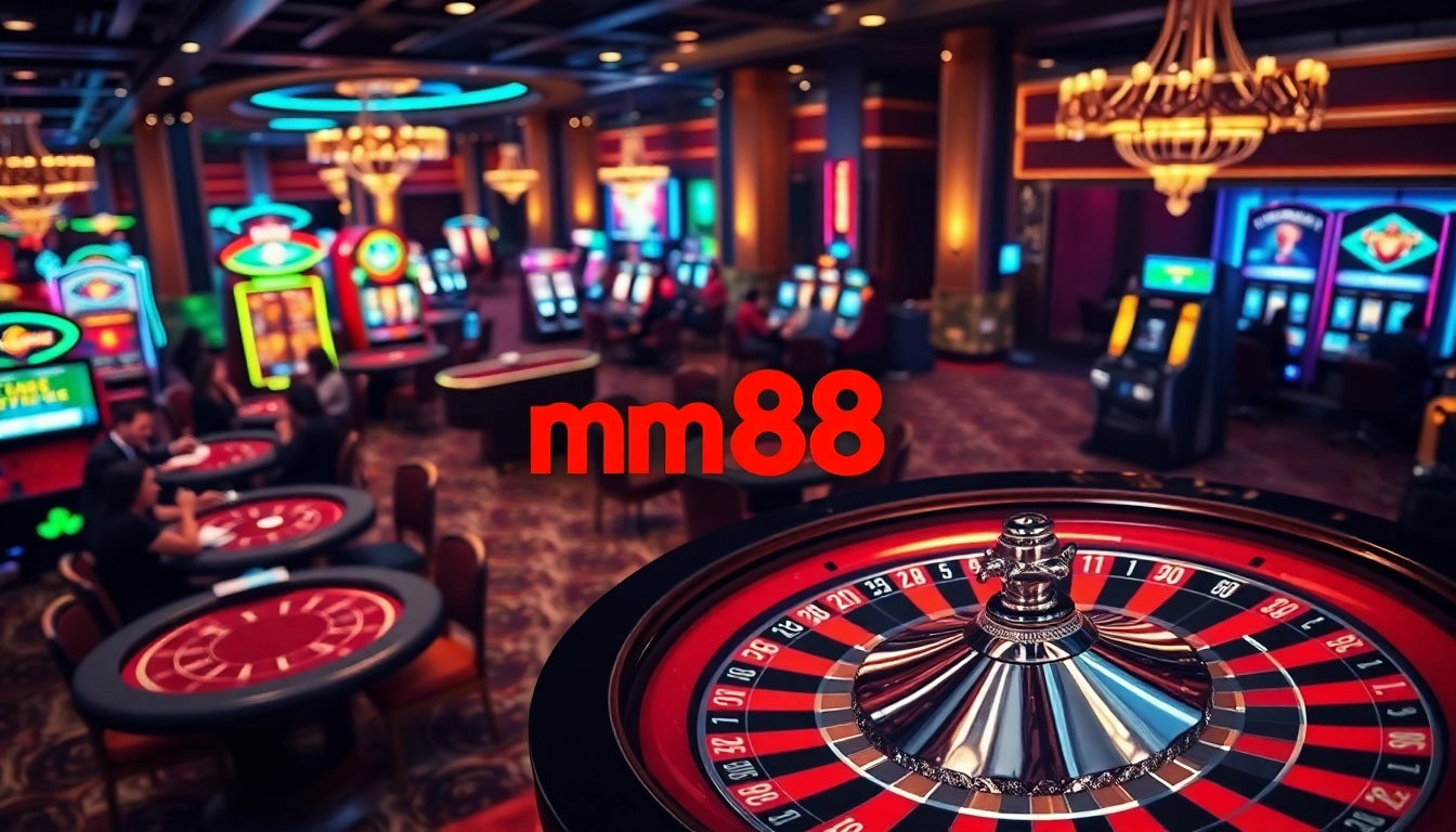 mm88 logo shines on a digital roulette wheel in a vibrant casino scene filled with excitement.