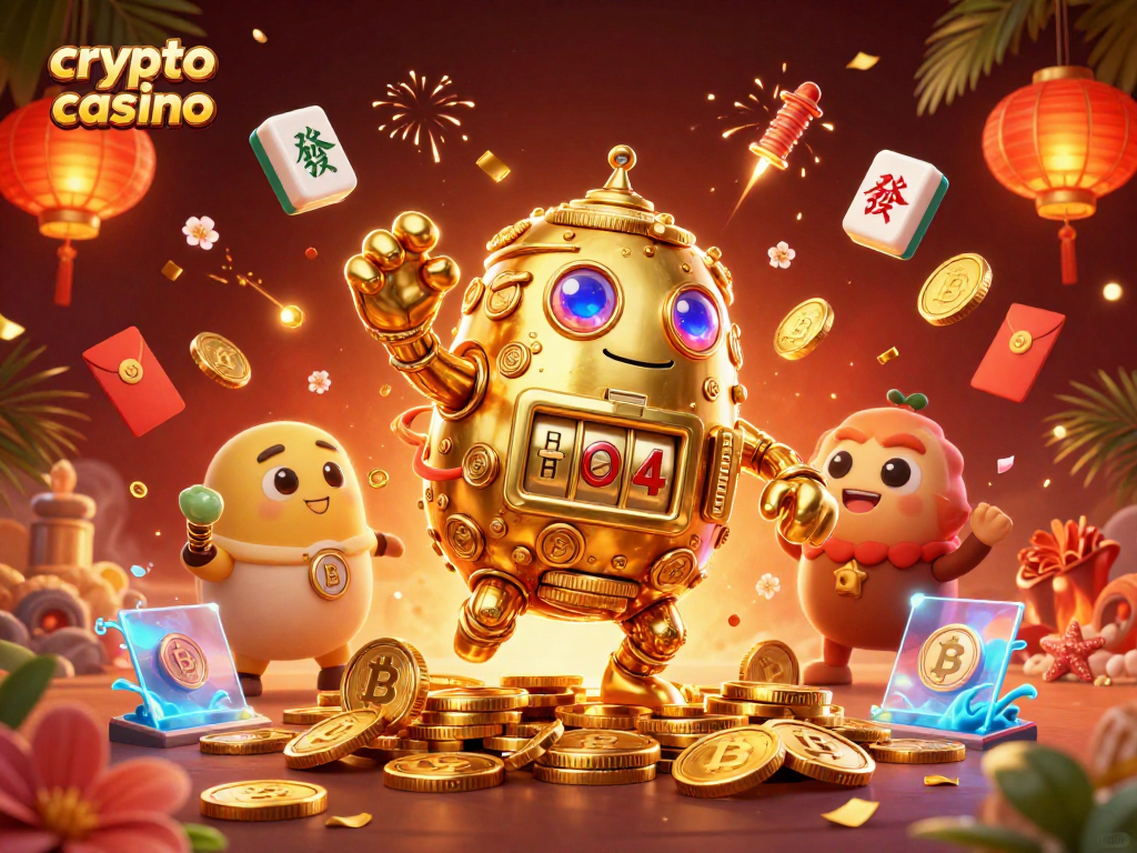 Play exciting games at the crypto casino with vibrant 3D characters and festive decorations.