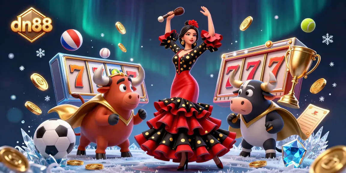 Spin to win at dn88 with a dynamic scene of a dancer, bull, and casino elements.