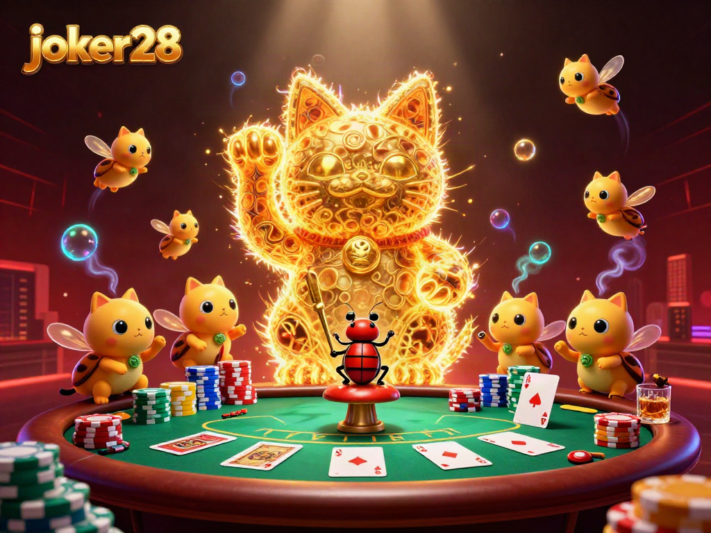 Joker28 menghadirkan ilustrasi kasino penuh warna dengan kucing keberuntungan dan elemen poker.