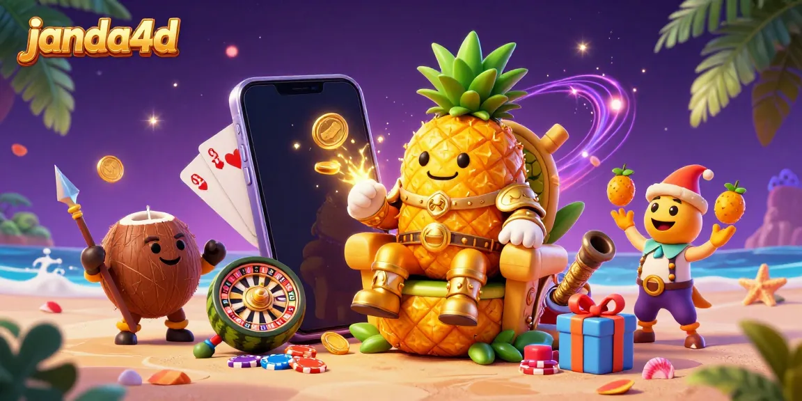 Menangkan permainan di janda4d dengan raja nanas emas duduk di atas tahta buah di kasino pantai.