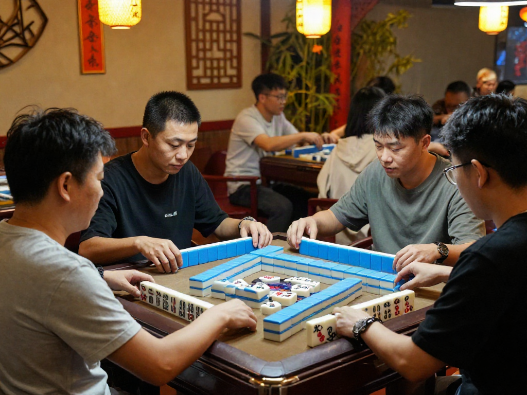 Pemain serius menikmati permainan Mahjong Ways dengan suasana tradisional dan dekorasi Asia.