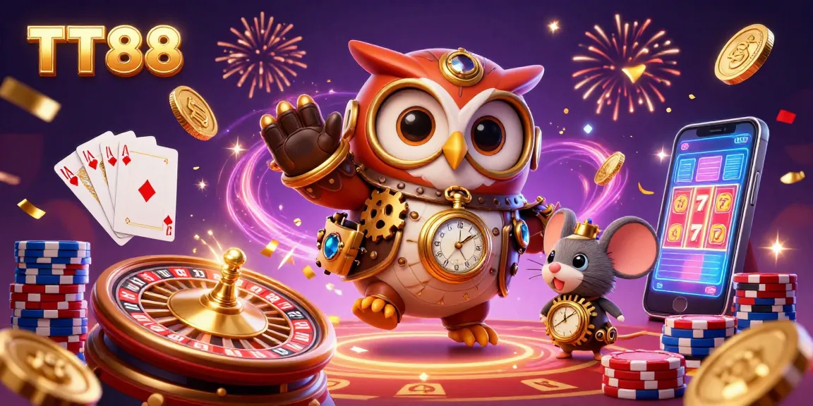 TT88 showcases a lively digital casino scene with dynamic elements of fortune and entertainment.