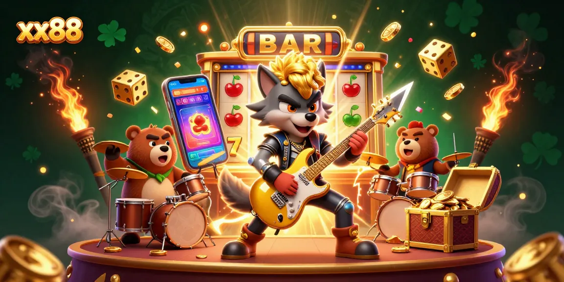 Engage with lively casino action at xx88 featuring dynamic games like slots, illustrated in vibrant 3D style.