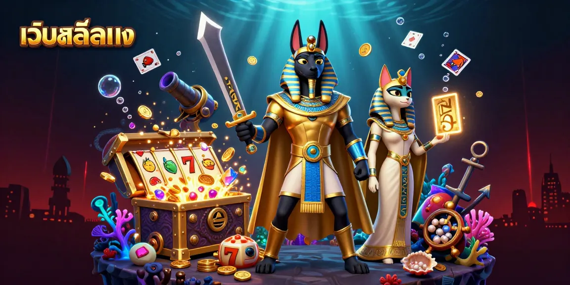 Experience the thrill of เว็บสล็อตตรง with Anubis and Bastet amidst treasure and slot reels.