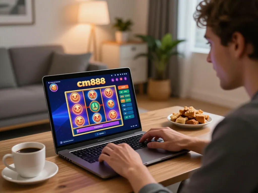 Player enjoying the cm888 online casino app while sitting comfortably at home, engaging with vibrant slot graphics.
