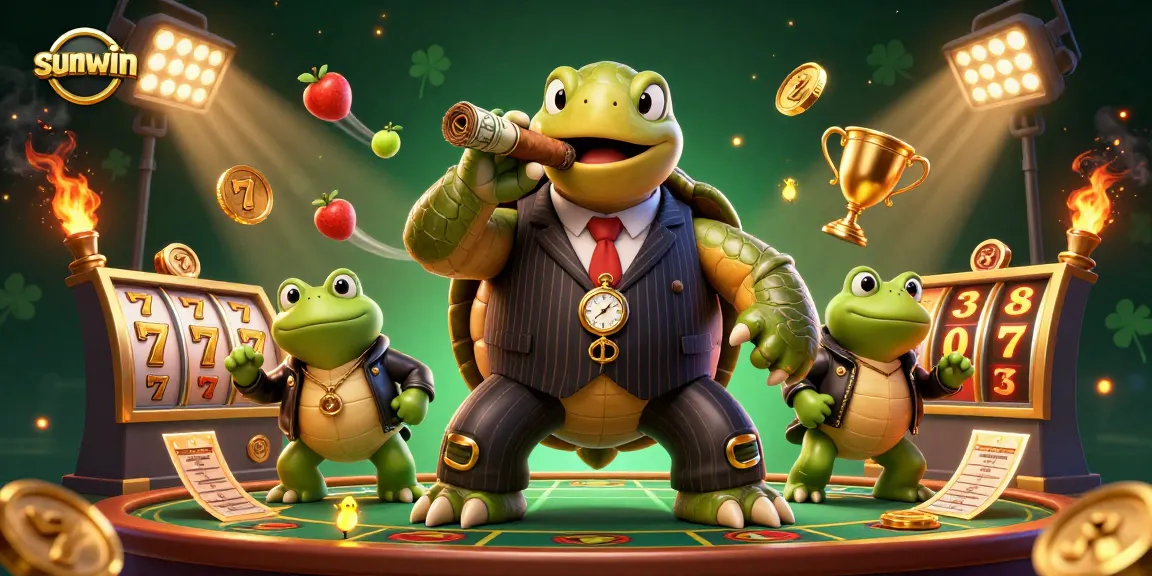 Engage with sunwin casino adventures featuring a turtle mobster and bullfrog enforcers in a lively slot scene.