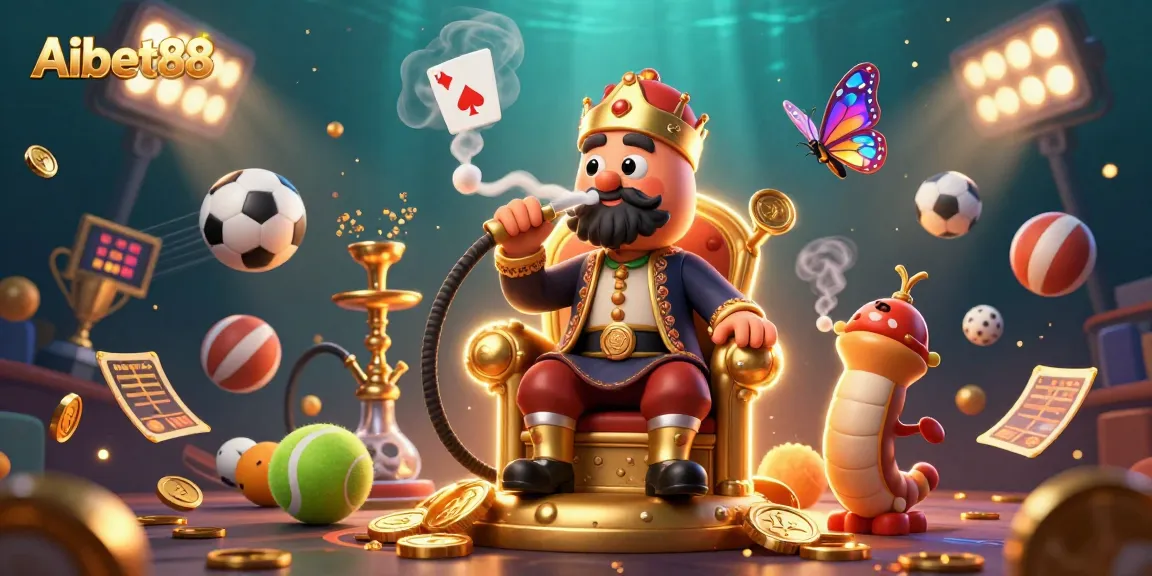 Aibet88 casino scene with a caterpillar hookah-master and dynamic sports elements around for thrilling gameplay.