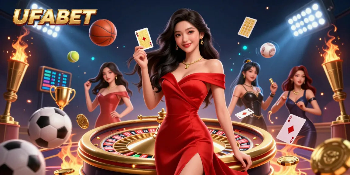Experience the thrill of UFABET with a stunning casino illustration featuring a beautiful Asian woman in front of a roulette wheel.