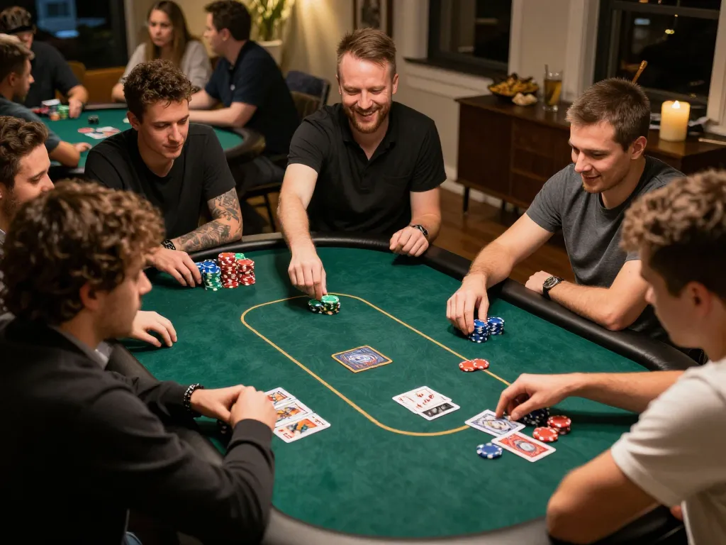 Players enjoying a lively poker night at home, showcasing a strategic moment with Rik vip gaming excitement