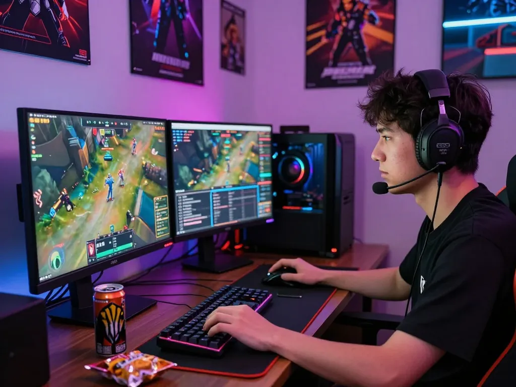 ythtoto online gaming scene with player focused on dual monitors, vibrant LED lights enhancing the atmosphere.